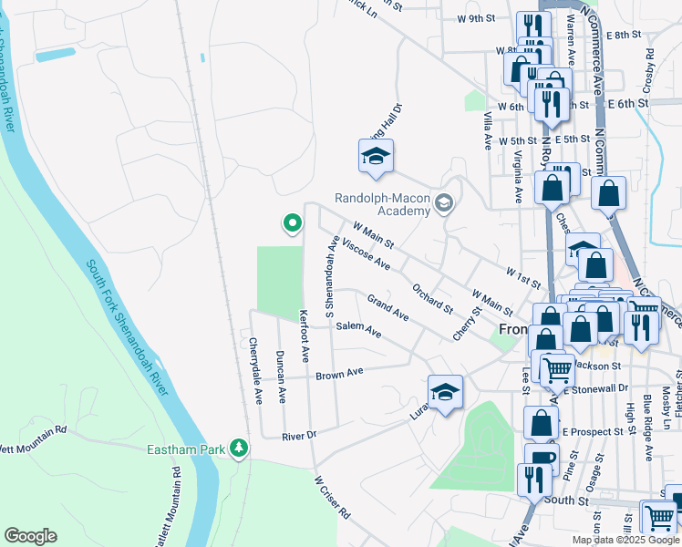 map of restaurants, bars, coffee shops, grocery stores, and more near 114 South Shenandoah Avenue in Front Royal