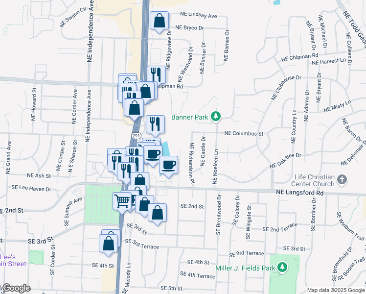 map of restaurants, bars, coffee shops, grocery stores, and more near 410 Northeast Westwind Drive in Lee's Summit