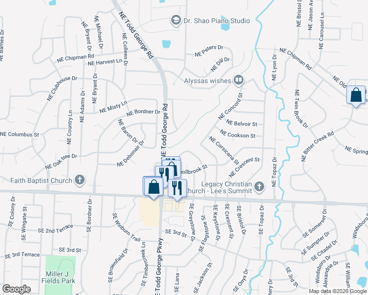 map of restaurants, bars, coffee shops, grocery stores, and more near 441 Northeast Churchill Street in Lee's Summit