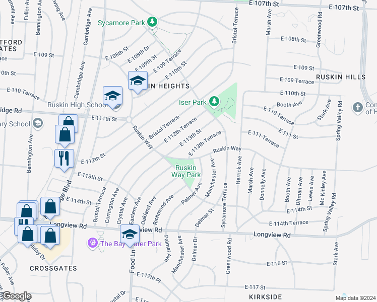 map of restaurants, bars, coffee shops, grocery stores, and more near 7804 East 113th Terrace in Kansas City