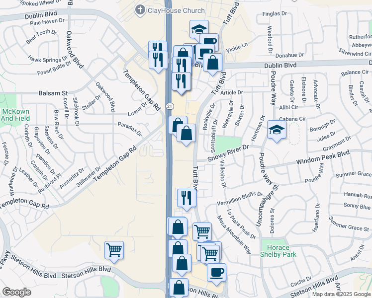 map of restaurants, bars, coffee shops, grocery stores, and more near 6140 Tutt Boulevard in Colorado Springs