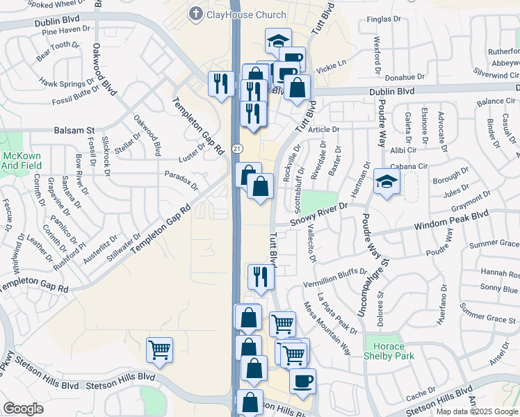 map of restaurants, bars, coffee shops, grocery stores, and more near 6140 Tutt Boulevard in Colorado Springs