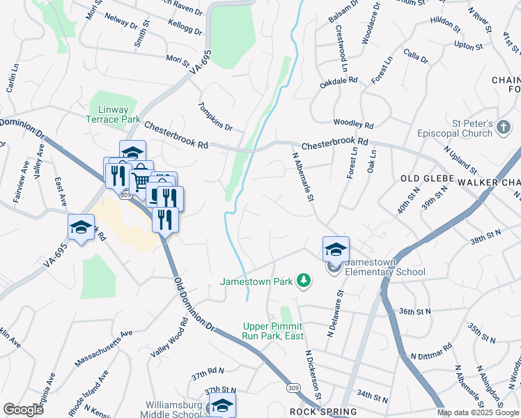 map of restaurants, bars, coffee shops, grocery stores, and more near 6104 Still Water Way in McLean