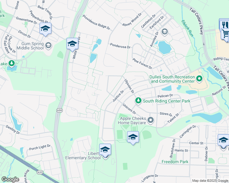 map of restaurants, bars, coffee shops, grocery stores, and more near 25205 Eisenhower Drive in Chantilly