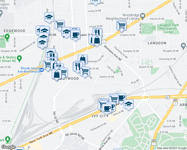 map of restaurants, bars, coffee shops, grocery stores, and more near 2322 13th Place Northeast in Washington