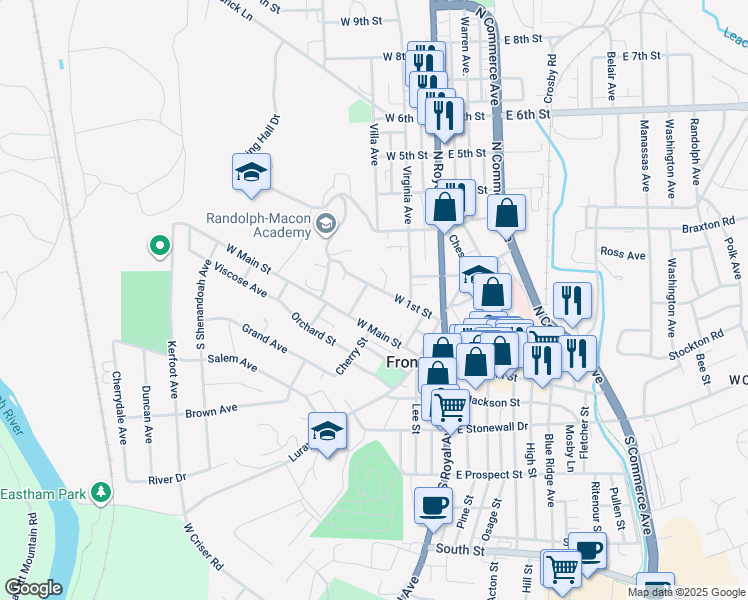 map of restaurants, bars, coffee shops, grocery stores, and more near 132 West 1st Street in Front Royal