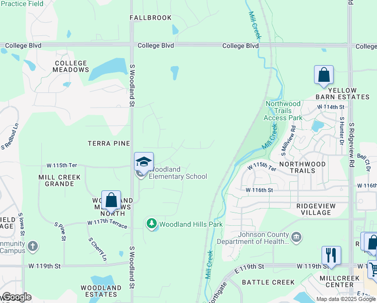map of restaurants, bars, coffee shops, grocery stores, and more near 19499 West 114th Terrace in Olathe