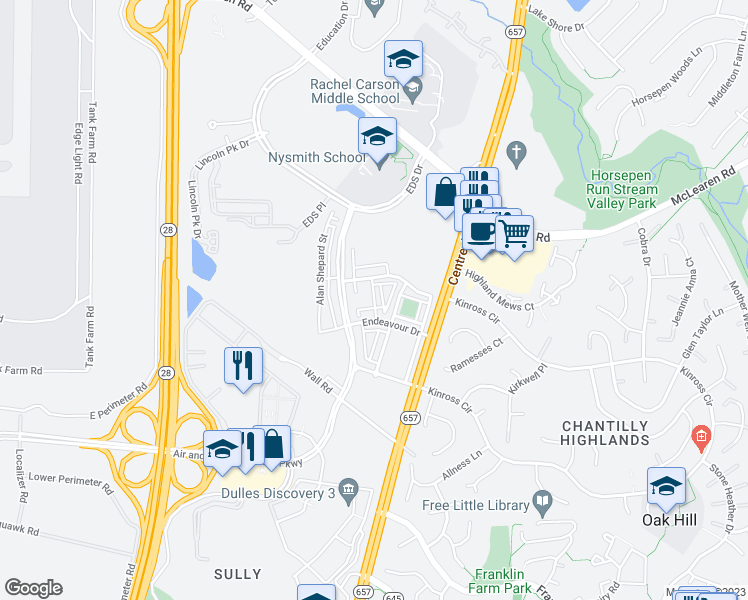 map of restaurants, bars, coffee shops, grocery stores, and more near John Glenn Street in Herndon