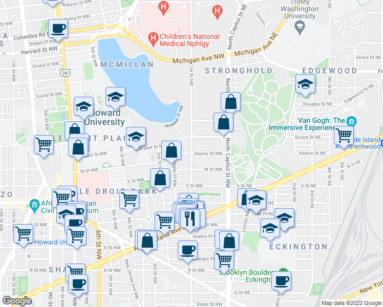map of restaurants, bars, coffee shops, grocery stores, and more near 1st St NW & Adams St NW in Washington