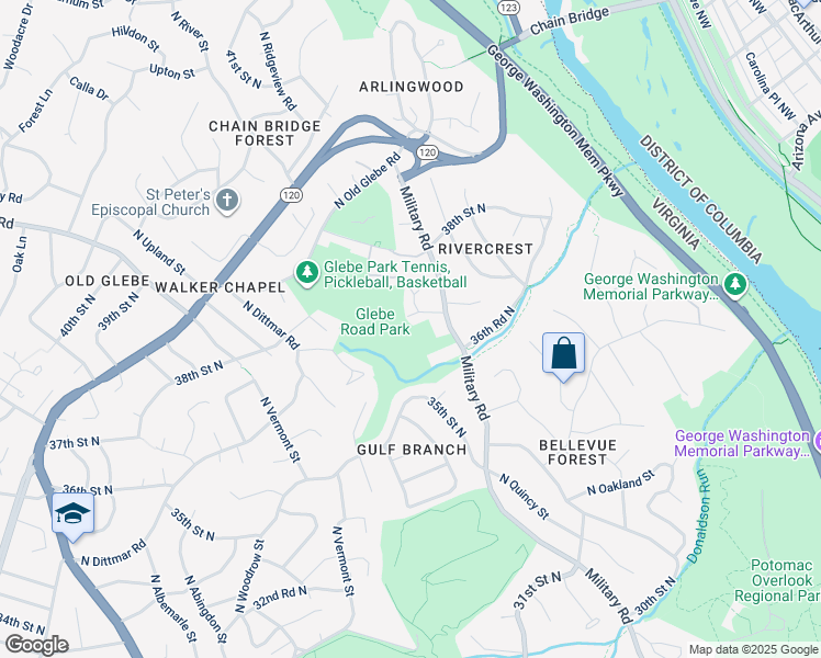 map of restaurants, bars, coffee shops, grocery stores, and more near 3608 Military Road in Arlington