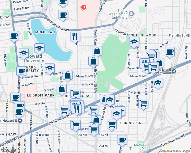 map of restaurants, bars, coffee shops, grocery stores, and more near North Capitol Street Northwest & Adams Street Northwest in Washington