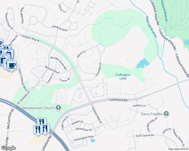 map of restaurants, bars, coffee shops, grocery stores, and more near 2300 Nicol Circle in Bowie