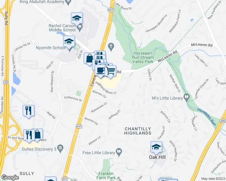 map of restaurants, bars, coffee shops, grocery stores, and more near 13561 Highland Mews Court in Herndon
