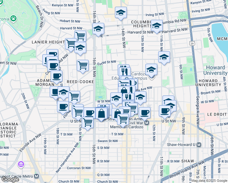 map of restaurants, bars, coffee shops, grocery stores, and more near 1454 Belmont Street Northwest in Washington