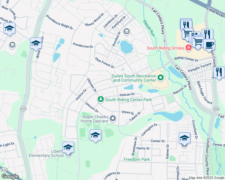 map of restaurants, bars, coffee shops, grocery stores, and more near 25152 Riding Center Drive in South Riding