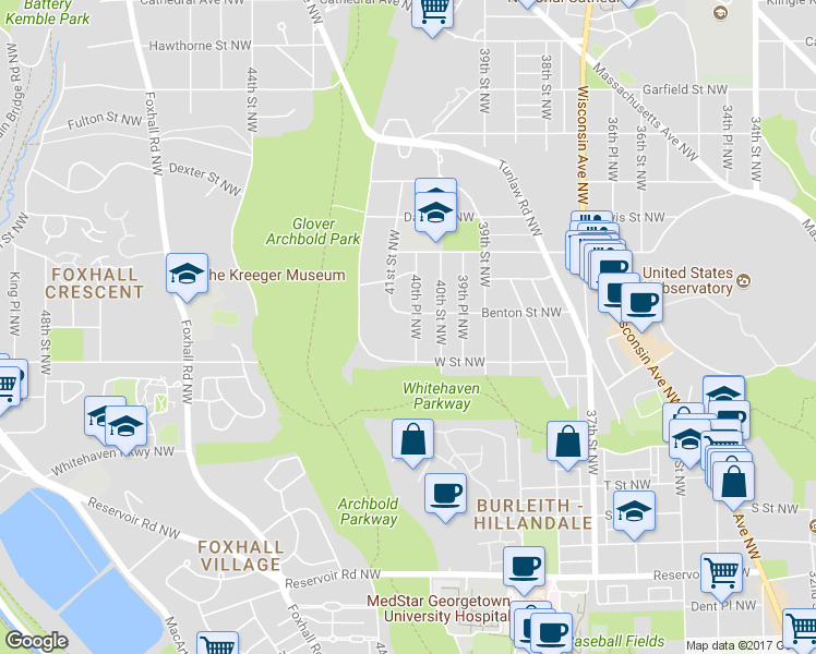 map of restaurants, bars, coffee shops, grocery stores, and more near 2228 40th Place Northwest in Washington