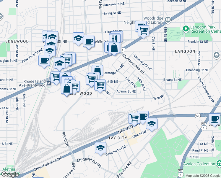 map of restaurants, bars, coffee shops, grocery stores, and more near 2322 13th Place Northeast in Washington