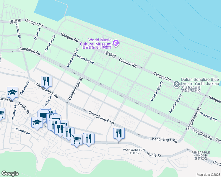 map of restaurants, bars, coffee shops, grocery stores, and more near Gang Long Lu in Da Lian Shi