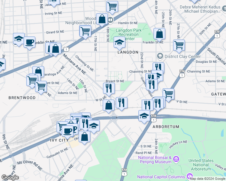 map of restaurants, bars, coffee shops, grocery stores, and more near 2302 18th Street Northeast in Washington