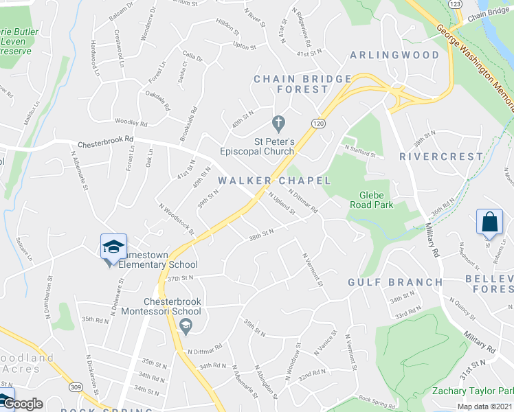 map of restaurants, bars, coffee shops, grocery stores, and more near 3848 North Chesterbrook Road in Arlington