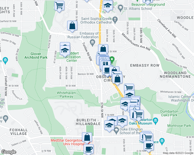 map of restaurants, bars, coffee shops, grocery stores, and more near 2310 Tunlaw Road Northwest in Washington