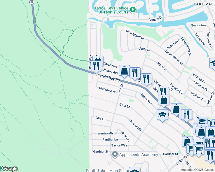 map of restaurants, bars, coffee shops, grocery stores, and more near 596b Roger Avenue in South Lake Tahoe