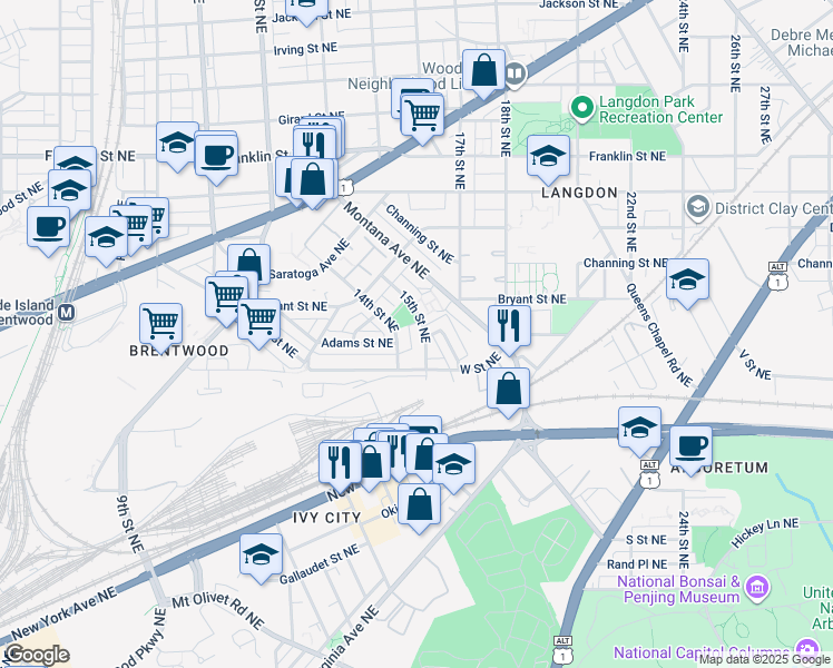 map of restaurants, bars, coffee shops, grocery stores, and more near 2238 15th Street Northeast in Washington