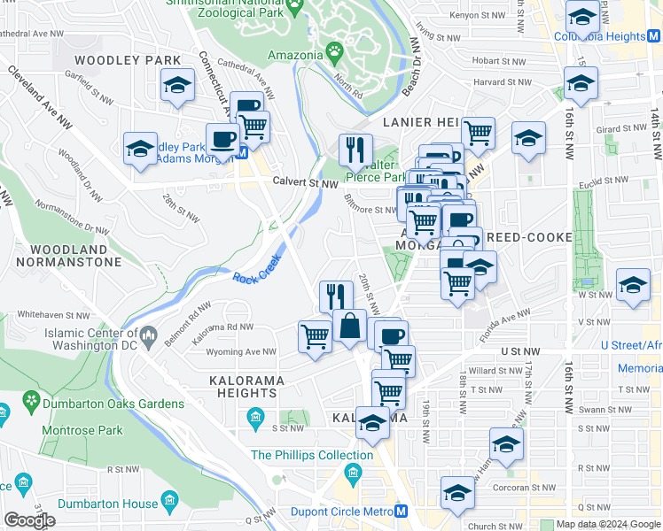 map of restaurants, bars, coffee shops, grocery stores, and more near 2032 Belmont Road Northwest in Washington