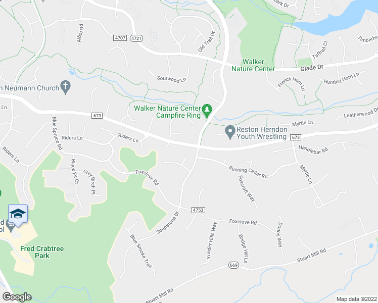 map of restaurants, bars, coffee shops, grocery stores, and more near 2501 Red Clover Court in Reston