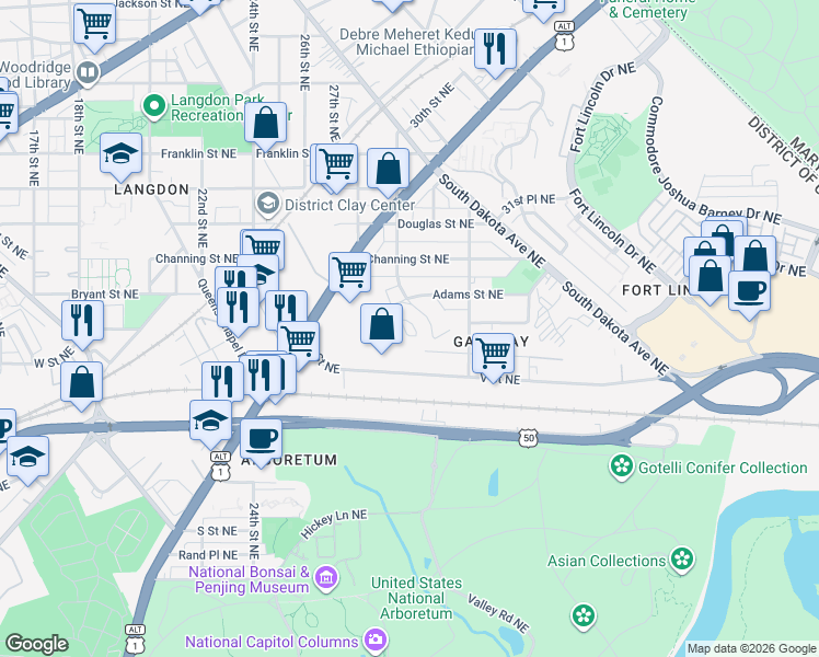 map of restaurants, bars, coffee shops, grocery stores, and more near 101 Independence Avenue Southeast in Washington