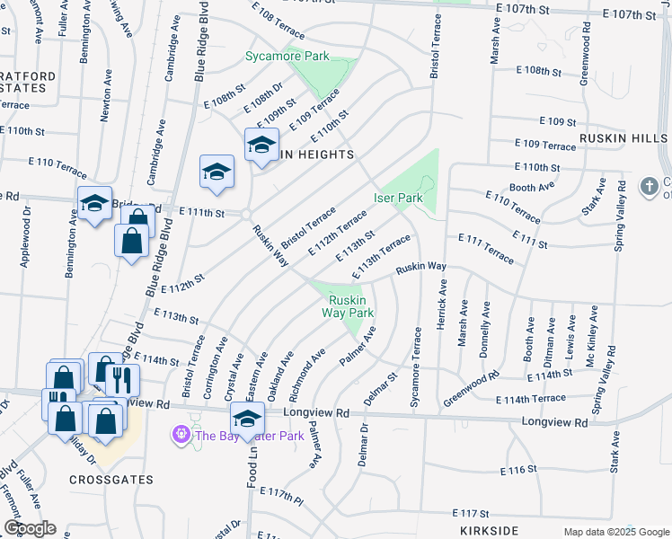 map of restaurants, bars, coffee shops, grocery stores, and more near 7609 East 113th Street in Kansas City