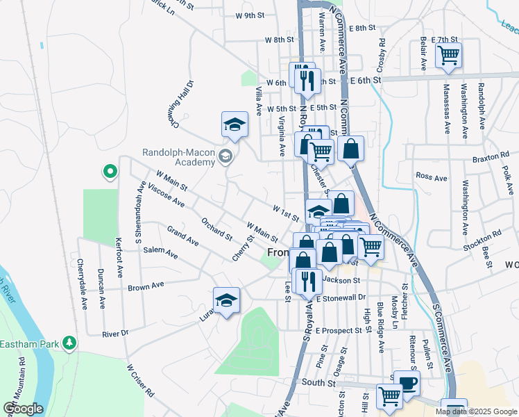 map of restaurants, bars, coffee shops, grocery stores, and more near 132 West 1st Street in Front Royal