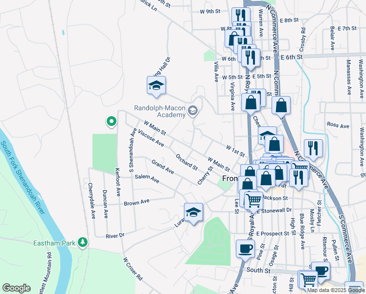 map of restaurants, bars, coffee shops, grocery stores, and more near 344 West Main Street in Front Royal