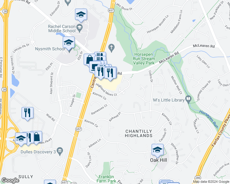 map of restaurants, bars, coffee shops, grocery stores, and more near 13560 Highland Mews Court in Herndon