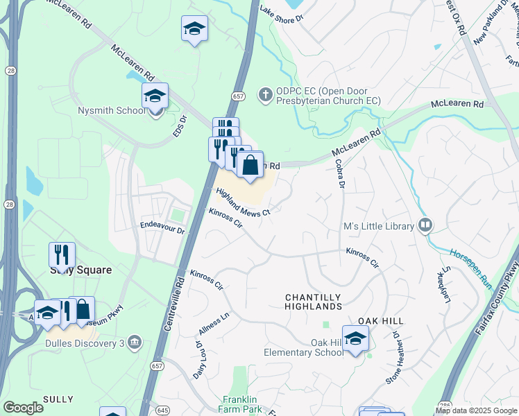 map of restaurants, bars, coffee shops, grocery stores, and more near 13560 Highland Mews Court in Herndon