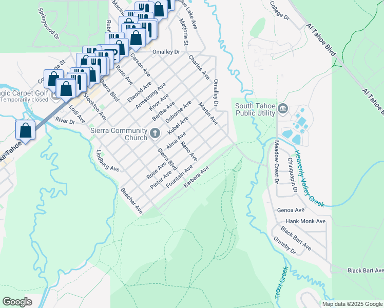 map of restaurants, bars, coffee shops, grocery stores, and more near Reno Avenue & Pinter Avenue in South Lake Tahoe