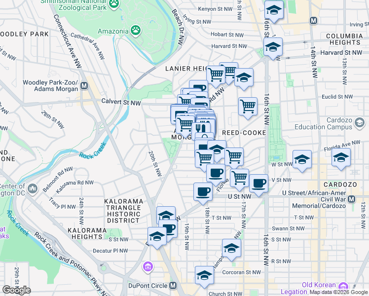 map of restaurants, bars, coffee shops, grocery stores, and more near 1868 Columbia Road Northwest in Washington