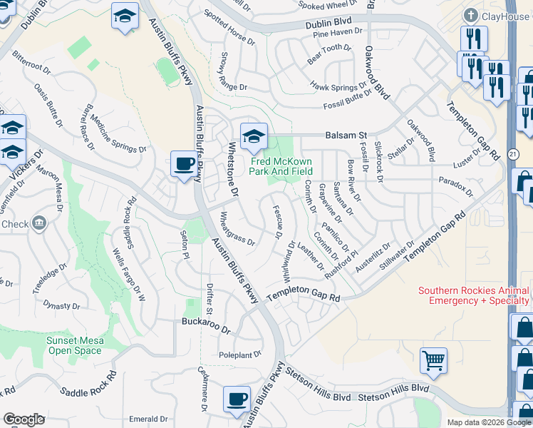 map of restaurants, bars, coffee shops, grocery stores, and more near 6262 Whirlwind Drive in Colorado Springs