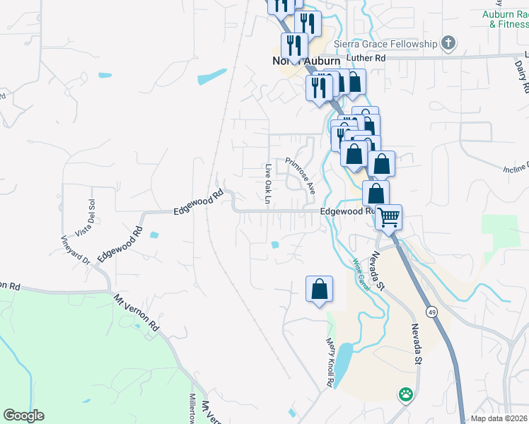 map of restaurants, bars, coffee shops, grocery stores, and more near 1207 Live Oak Lane in Auburn