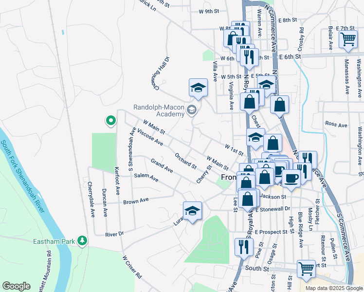 map of restaurants, bars, coffee shops, grocery stores, and more near 344 West Main Street in Front Royal