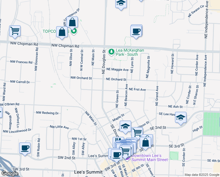 map of restaurants, bars, coffee shops, grocery stores, and more near in Lee's Summit