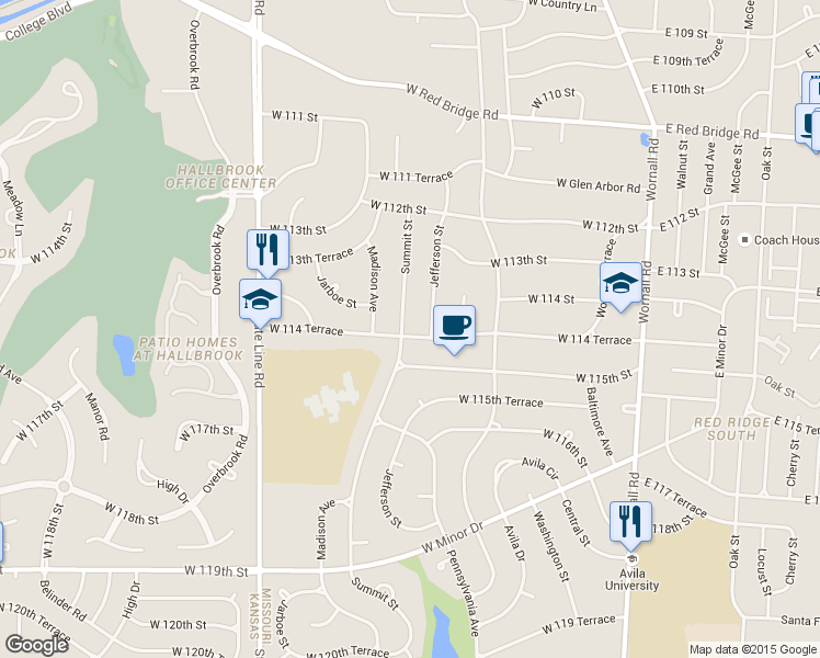 map of restaurants, bars, coffee shops, grocery stores, and more near 11407 Summit Street in Kansas City