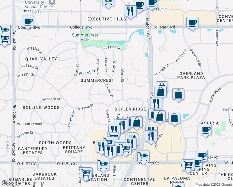 map of restaurants, bars, coffee shops, grocery stores, and more near 7317 West 114th Terrace in Overland Park