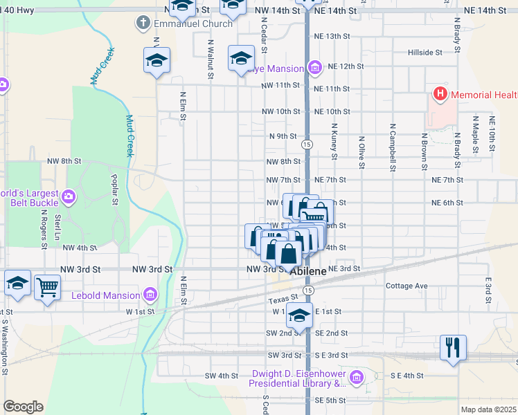 map of restaurants, bars, coffee shops, grocery stores, and more near 301-399 Northwest 6th Street in Abilene