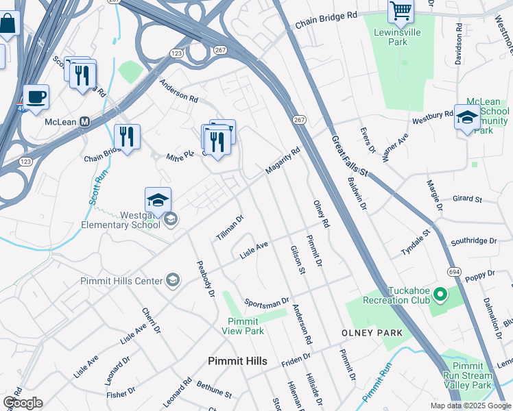 map of restaurants, bars, coffee shops, grocery stores, and more near Anderson Road in Tysons
