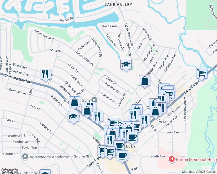map of restaurants, bars, coffee shops, grocery stores, and more near 878 Rainbow Drive in South Lake Tahoe