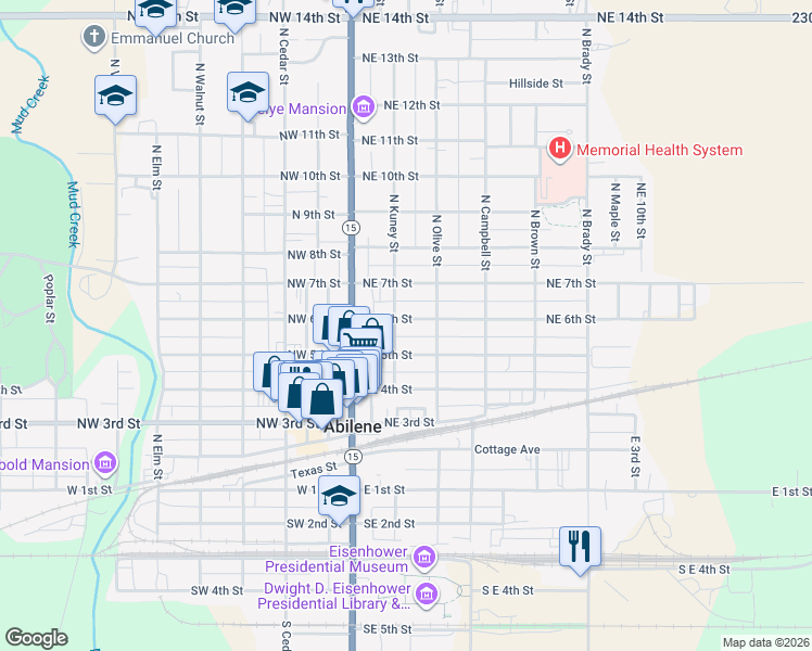 map of restaurants, bars, coffee shops, grocery stores, and more near 204 Northeast 6th Street in Abilene