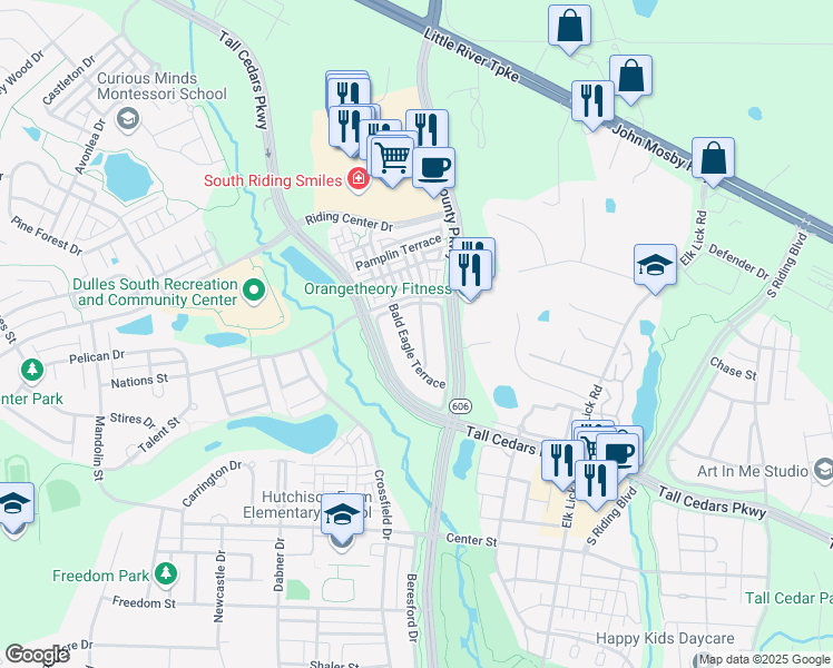 map of restaurants, bars, coffee shops, grocery stores, and more near 25199 Larks Terrace in Chantilly
