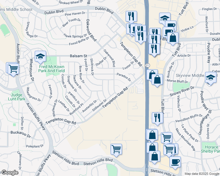 map of restaurants, bars, coffee shops, grocery stores, and more near 5851 Granby Hill Drive in Colorado Springs