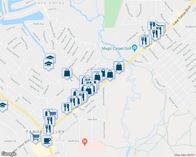map of restaurants, bars, coffee shops, grocery stores, and more near 2291 James Avenue in South Lake Tahoe